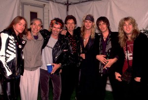 Axl Rose, Charlie Watts, Keith Richards,Mick Jagger, Duff McKagen, Izzy Stradli, and Stephen Adler on the Steel Wheels Tour in 1989 in Los Angeles, Ca,. (Paul Natkin/Image Direct)